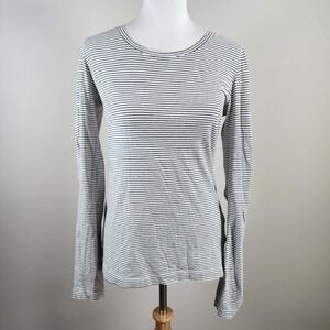 MEC Stripe Shirt Womens Medium Organic Cotton Long Sleeve Top Stretch Navy White